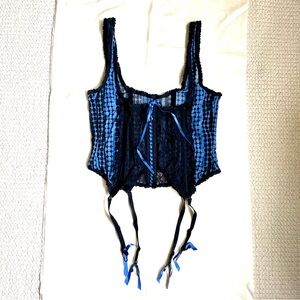 🌸 Frederick’s of Hollywood Blue & Black Lace Garter Bodice 80s/90s Vintage